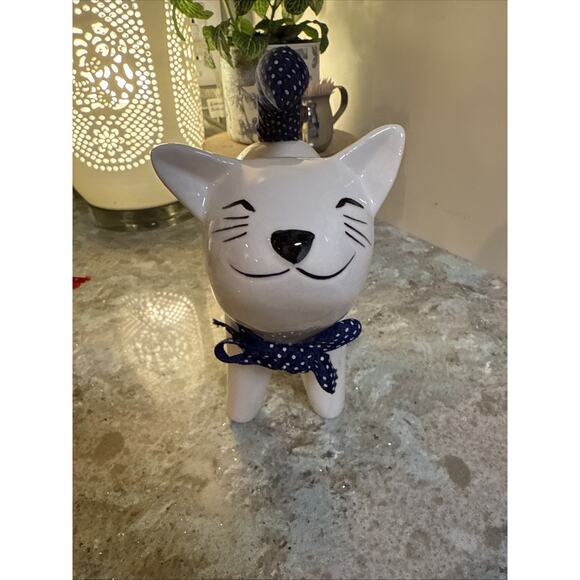 VINTAGE ENESCO CERAMIC SMILING CATS WITH POLKA DOT BOWS & TAILS - Picture 8 of 13